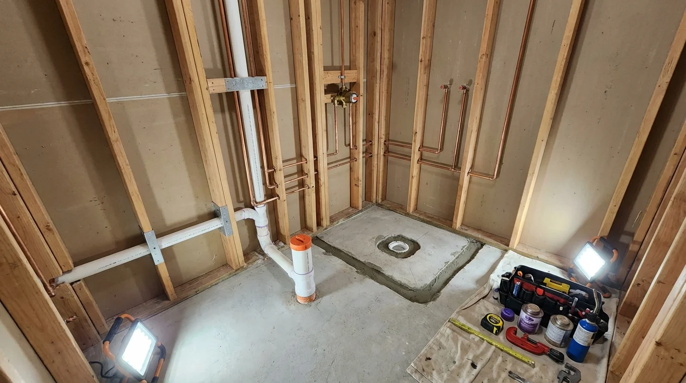 Bathroom rough-in plumbing during remodel by Johns Plumbing LLC in Rock Valley