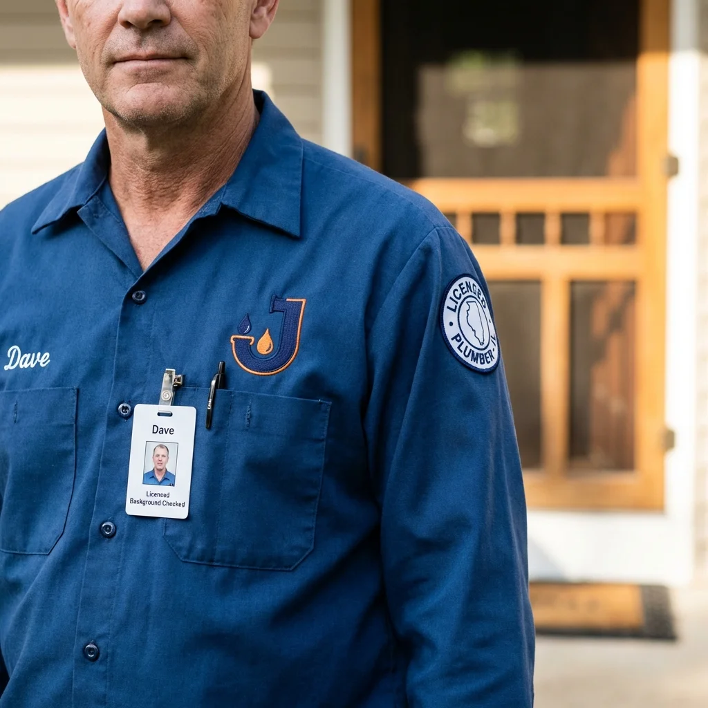 Licensed plumber showing ID badge in Rock Valley, IA