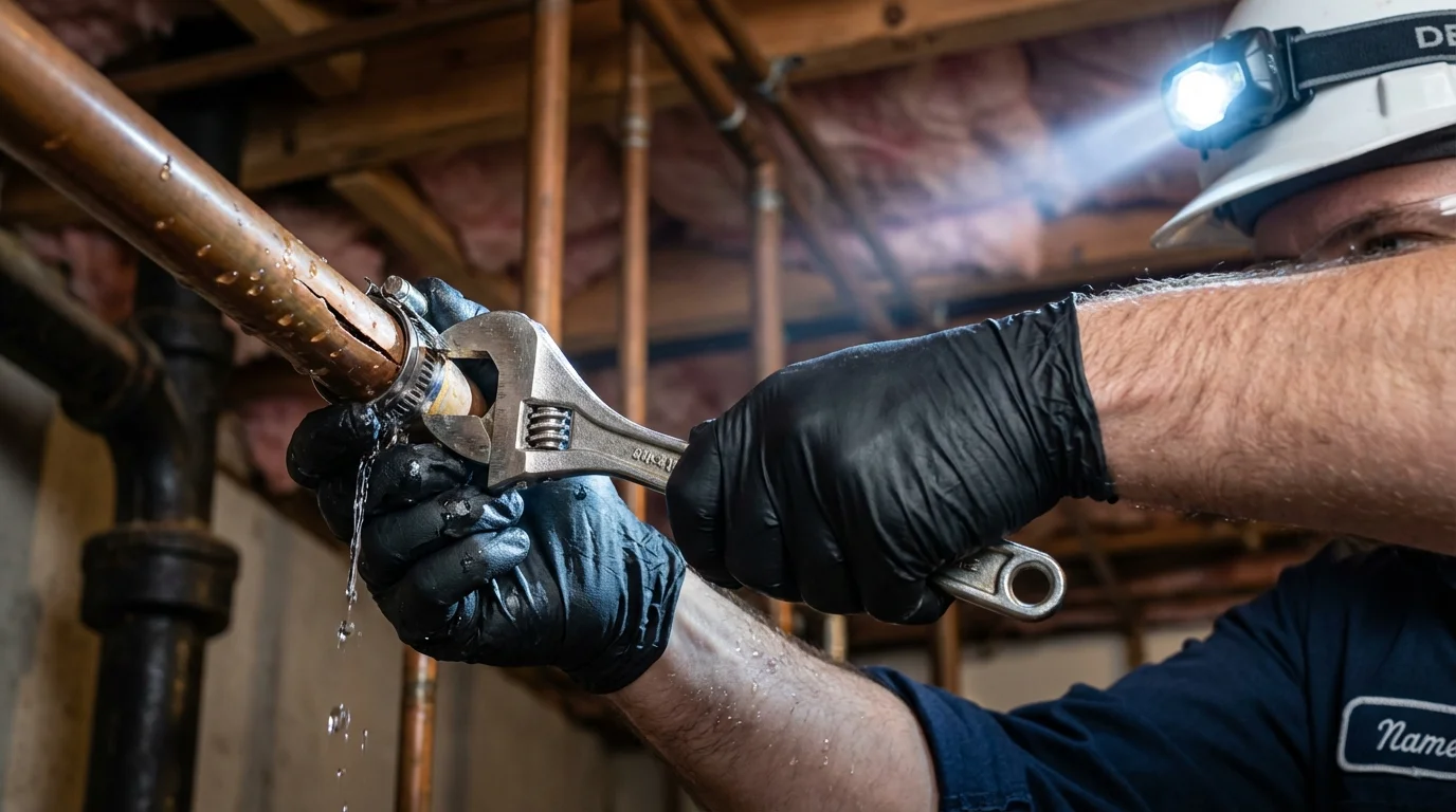 Emergency pipe clamp repair being performed by a Johns Plumbing LLC plumber in Rock Valley