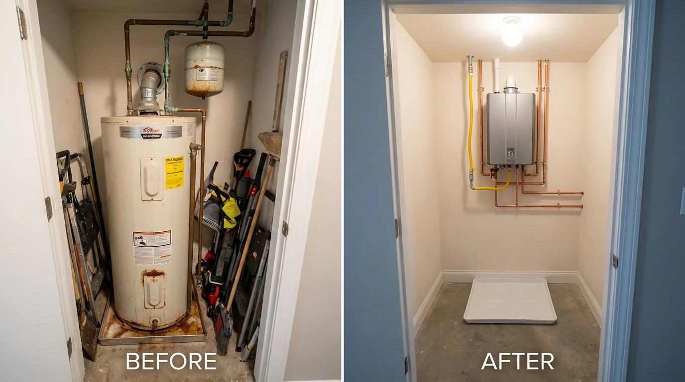 Tank water heater versus wall-mounted tankless unit comparison for Rock Valley, IA homeowners