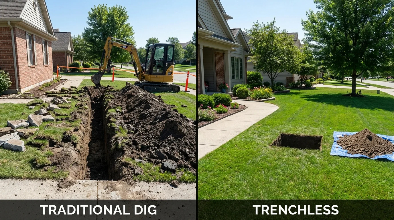 Trenchless sewer repair with minimal yard damage versus traditional excavation in Rock Valley, IA