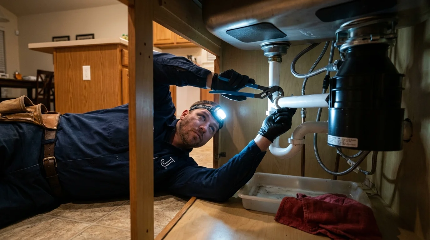P-trap and supply line connections under a kitchen sink showing a common leak point in Rock Valley, IA